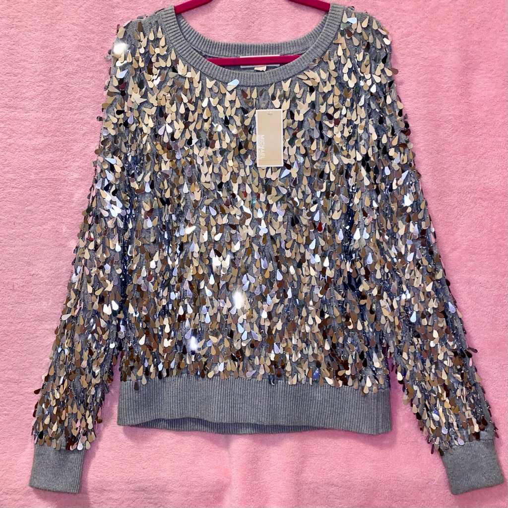 Michael Kors Silver Sequin Sparkly Gray Glamorous Top Sparkle Glam Mk Medium
